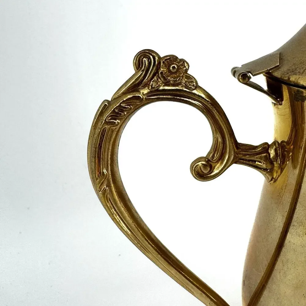 Shiny Brass/Gold Regency Lidded Coffee Pot Vintage Tablescape 9in Tall